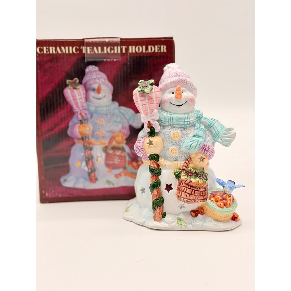 Ceramic Snowman Tealight Candle Holder Winter Christmas Decor Star Cutouts Box
